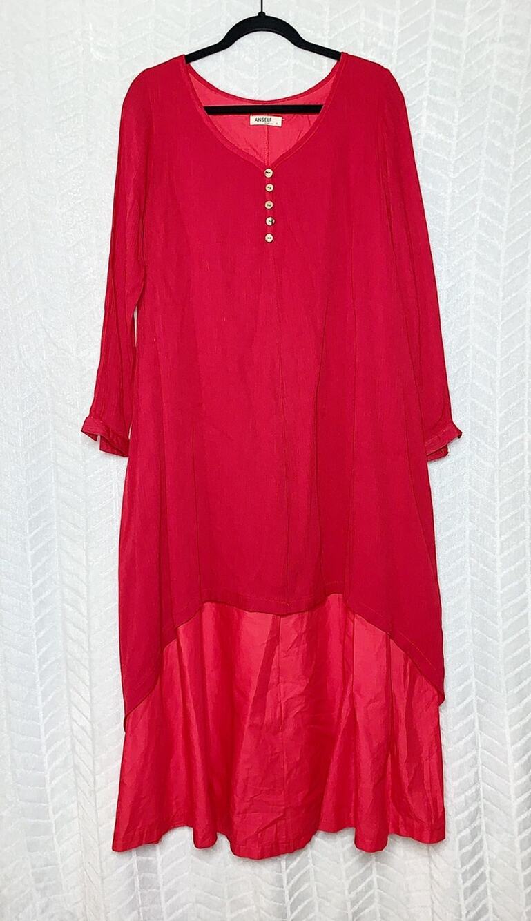 Anself Dress Lagenlook Layered Oversized Long Sleeve V-Neck Red - S